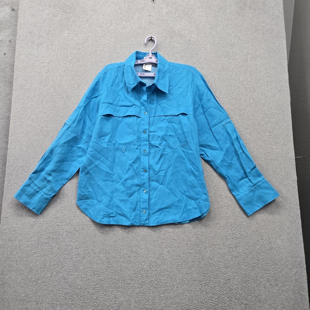 VINTAGE Finley Women Button Up Shirt L Blue Linen Fishing Shirt Collared